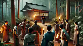 Villagers gathered near Ayako's house, holding torches, suspecting her of harboring a dark secret.