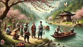 A fisherman stands by his boat as villagers bid him farewell, set against the peaceful valley and mountains.