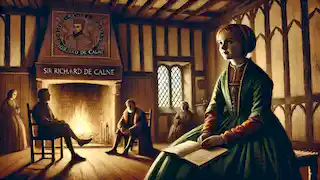 The older girl recounts her origins to curious villagers by the fireplace in a warmly lit medieval room.