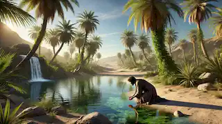 Dariush kneels at a tranquil desert oasis, drinking water as an old man watches from the shadows.