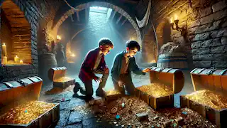 Huck and Tom discovering treasure chests filled with gold and jewels in the castle chamber.