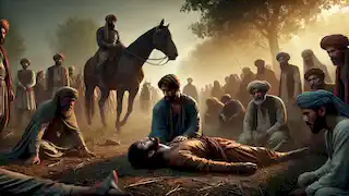 Villagers find the wounded Rostam and his horse at dawn in a forest clearing, showing reverence and grief