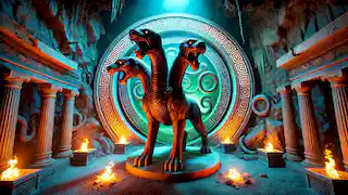 Cerberus guarding the gates of Hades with three heads, a snake tail, and glowing embers lighting the rocky terrain.