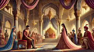 Aladdin meeting Princess Jasmine in the Sultan's palace.