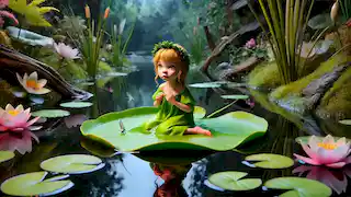 Thumbelina sits on a lily pad in a pond, looking worried and alone.