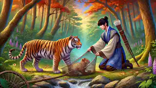 Jin rescues the tiger cub from a hunter's snare.