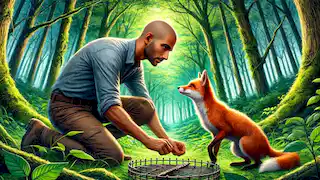 Hasan Kachal rescuing a fox from a trap in a dense forest.