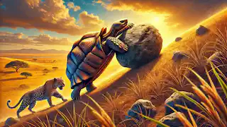 Tortoise pushing a heavy stone up a hill with the help of the wind, as the Leopard struggles.