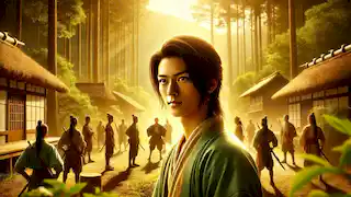 Kenta, stronger and wiser, trains young warriors in a sunlit forest clearing, symbolizing newfound peace and strength.