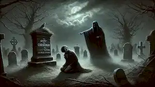 The Ghost of Christmas Yet to Come points to Scrooge’s grave in a bleak, moonlit graveyard