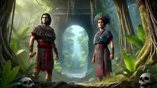 Hun-Hunahpú and Vucub-Hunahpú stand victorious in the jungle after escaping Xibalba, with the underworld entrance sealed