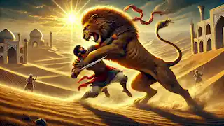  Rostam grapples with a massive lion in the desert, mid-fight, showing his incredible strength during the first labor.