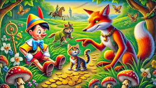 The cunning fox and sly cat deceiving Pinocchio.