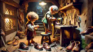 Two tiny elves sewing shoes on a wooden workbench, surrounded by tools and leather in dim lighting