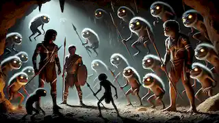 The Elders confront the mischievous Imjim spirits in a dimly lit cave, holding spears with determination.