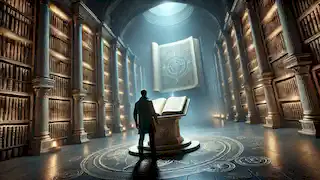 Alaric reads the glowing manuscript in the Vault of Lost Knowledge, surrounded by shelves of ancient scrolls.