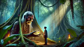 Tupac facing the spirit guardian Supay by the ceiba tree, holding a vial with shimmering liquid.