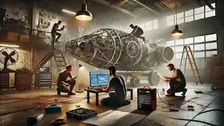 Friends work in a garage, welding and building the frame of a spaceship surrounded by tools and blueprints.