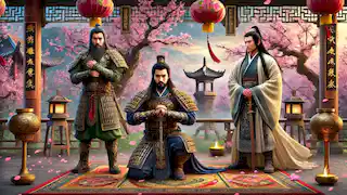 Liu Bei, Guan Yu, and Zhang Fei kneel under a peach tree, swearing brotherhood.