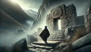 Inti Callisaya approaches the ancient Wila Qala ruins, shrouded in mist, with carvings of sacred Andean symbols.