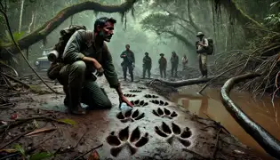 A team of explorers discovers oversized tapir tracks near a river in the dense jungle, their expressions filled with awe and concern.