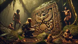 An ancient stone altar with Pemon carvings of the Firebird, glowing faintly as Valeria traces the symbols, with Tukupa nearby.