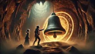 Inside a glowing cavern, Diego reaches for the massive enchanted bell covered in mystical symbols, while Rosa watches in awe.