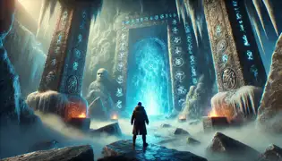  Deep in an icy cavern, Elias stands before a massive frozen doorway etched with glowing runes, as mist swirls in the dim light.