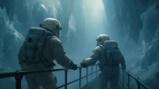 Investigadores descend por una escalera en espiral iluminada, tallada en la fisura de hielo de Ganímedes.