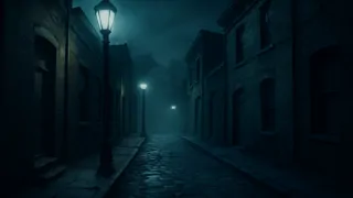 A narrow street at dusk with flickering lanterns casting long shadows over cracked pavement in an eerie silence.