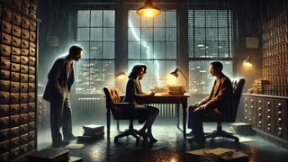 Three figures in a dimly lit room amid open ledgers and pouring rain outside