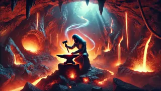 Maui hammering glowing metal inside a fiery cave