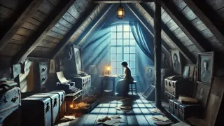 Moonlit dusty attic with shadows dancing across old wooden floorboards.