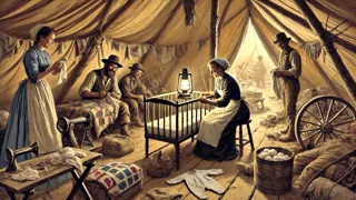 Improvised nursery tent at a gold rush camp