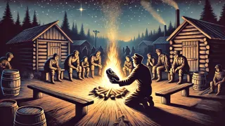Miner soothing baby by firelight in a mountain camp