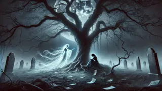 A ghostly pale figure under an ancient oak illuminated by moonlight.