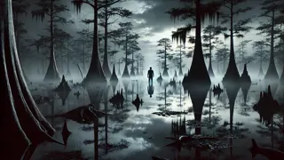 A solitary boat gliding through foggy swamp with a distant silhouette