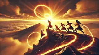 Maui holding a glowing rope wrapped around the sun atop a volcano