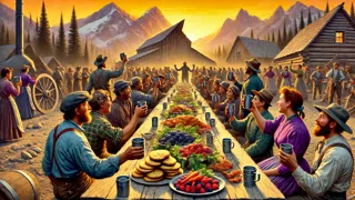 Miners celebrating with a feast in the shadow of Sierra peaks