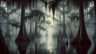 Misty cypress trees rising from dark swamp water at twilight