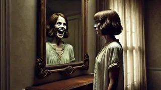 A woman’s reflection grinning grotesquely in a mirror