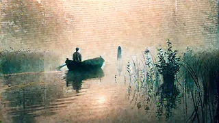 First light illuminating still swamp and a lone figure on a boat