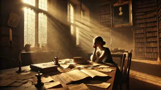 A sunlit library table covered in yellowed letters and an open diary.