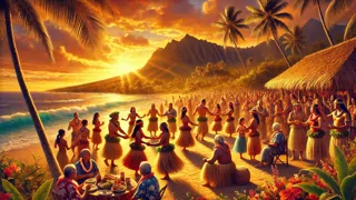 Villagers celebrating under extended daylight with hula dancers and feasting