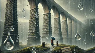 Frozen raindrops suspended beneath stone arches