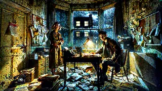 Two figures huddled in a small flat, reviewing documents by lamplight