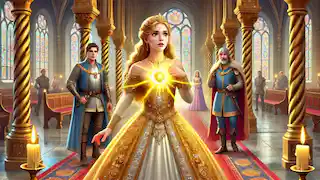 Gisela in a grand palace hall, revealing her true identity as the prince looks astonished.