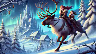 Gerda and the robber girl ride a reindeer towards the Snow Queen's palace, guided by the northern lights.