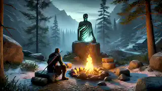 Eirik sits by a campfire, watching an ancient stone statue glow faintly in the twilight.