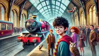 A young boy with friends stands on the platform as the Hogwarts Express prepares to depart for school.